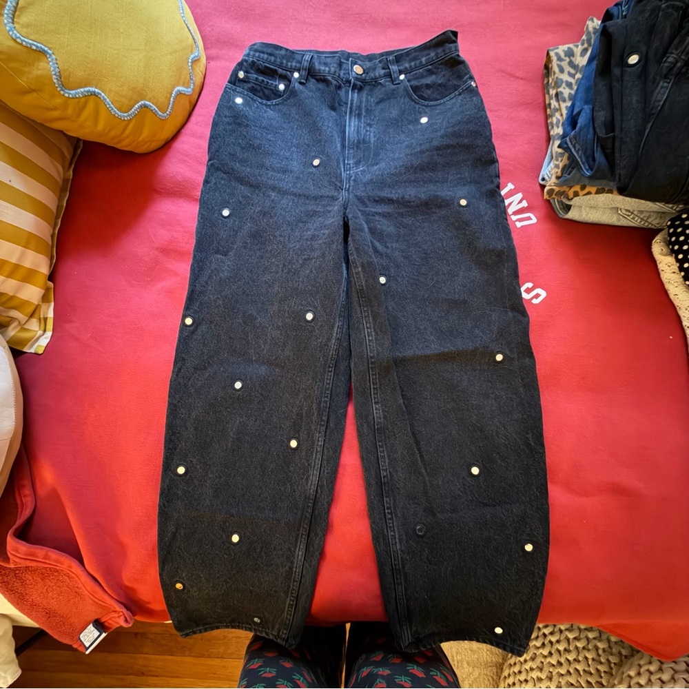 RHODE Black Straight Leg Jeans with Pearl Details